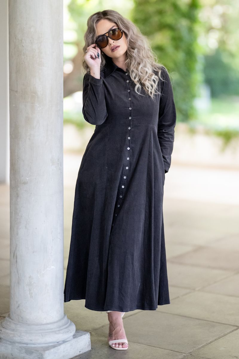 Cord Long Button Dress in Slate