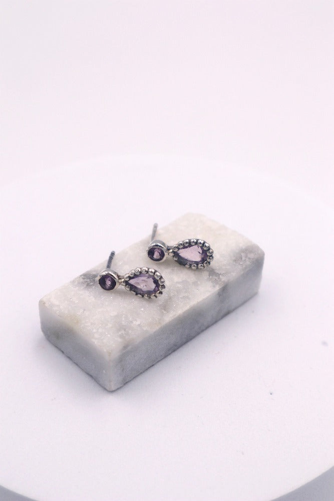 Sterling Silver 2 Drop Amethyst Studs