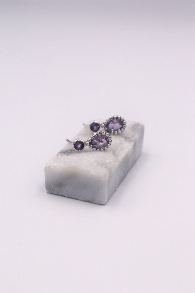 Sterling Silver 2 Drop Amethyst Studs