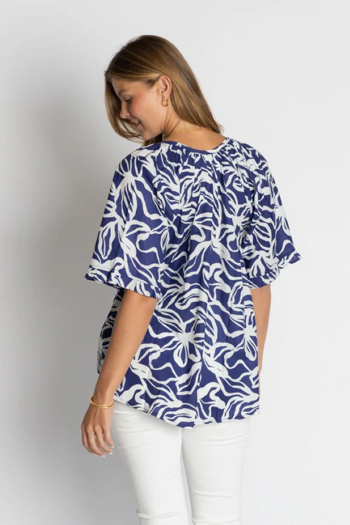 Rochester Frill Sleeve Top in Ocean / Ink