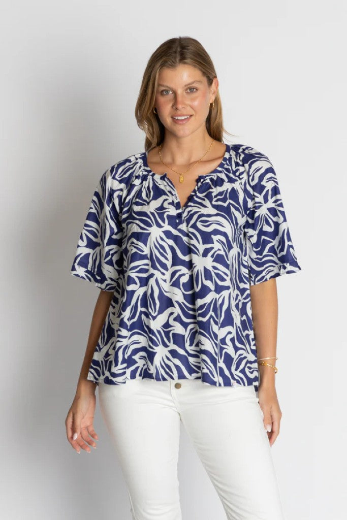 Rochester Frill Sleeve Top in Ocean / Ink