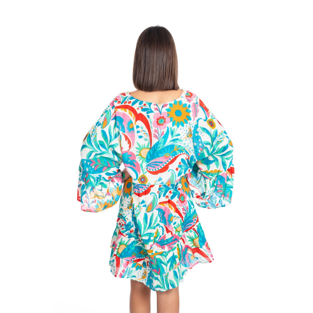 Beaded Cotton Short Dress in Pink / Blue Multi