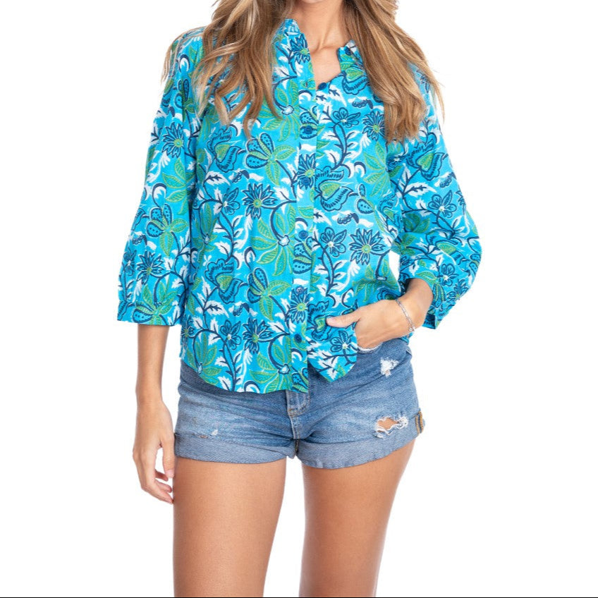 Printed Cotton 3/4 Sleeve Shirt in Blue / Green Floral