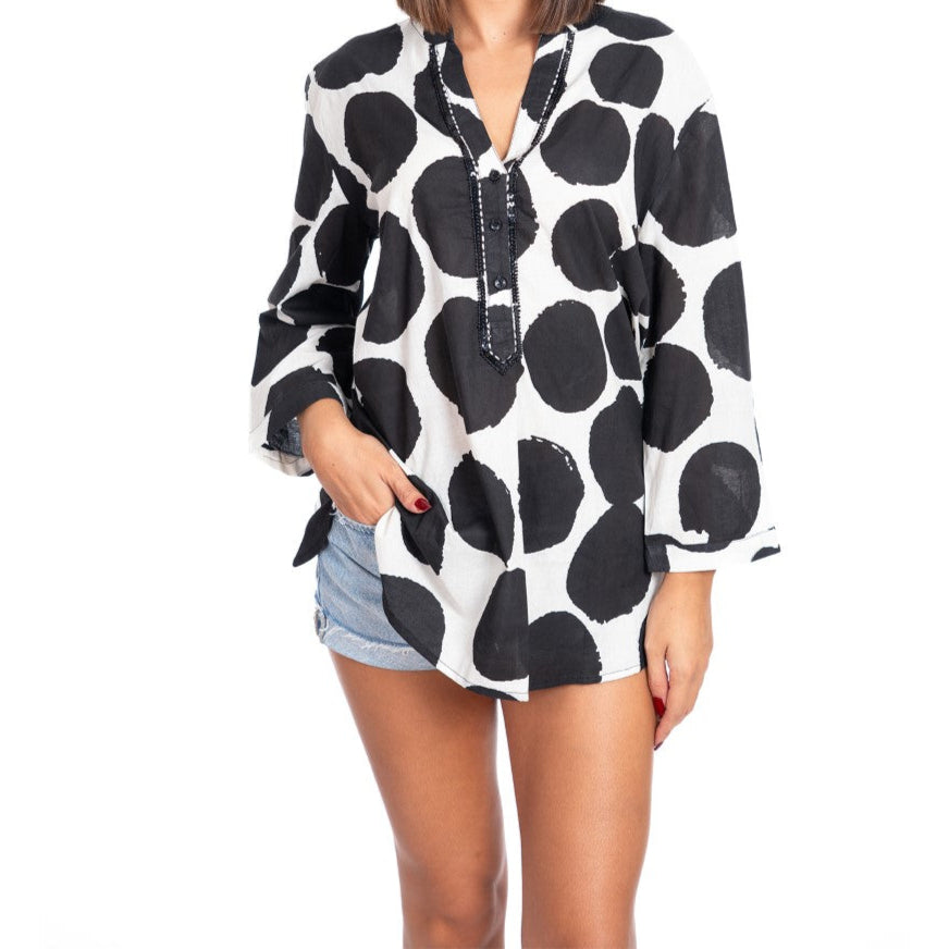 Printed Cotton Mandarin Blouse in Black Dots