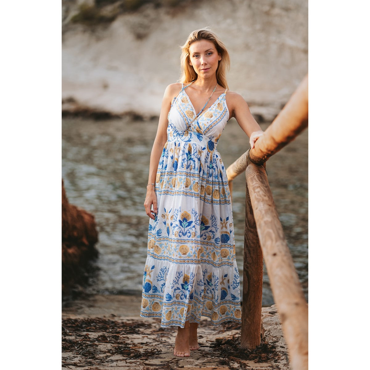 V-Neck Long Dress in White Print