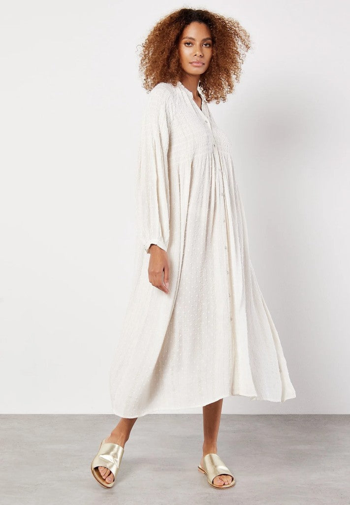 Long Sleeve Smocked Maxi Dress in Off White