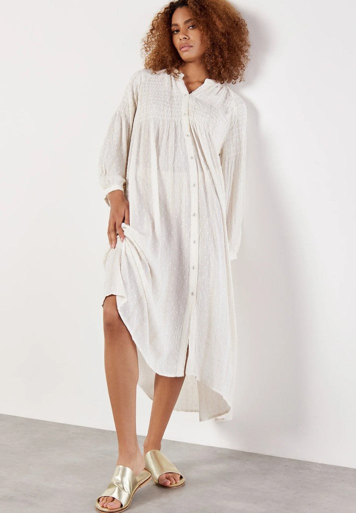Long Sleeve Smocked Maxi Dress in Off White