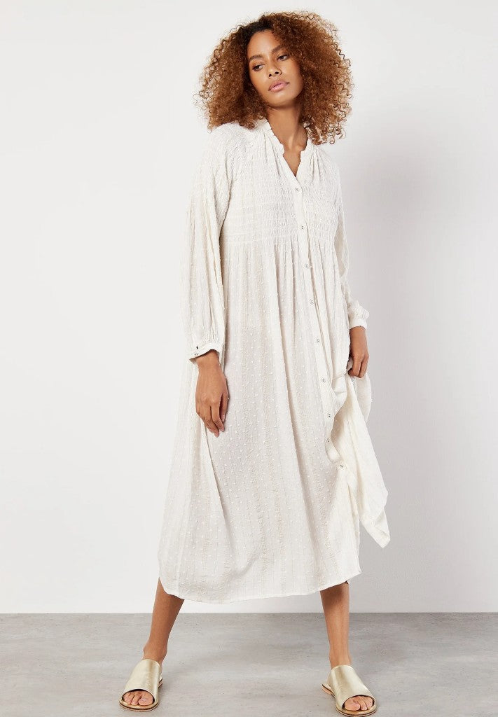 Long Sleeve Smocked Maxi Dress in Off White