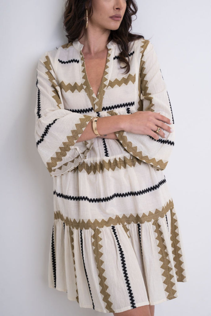Zig Zag Bell Sleeve Tiered Dress