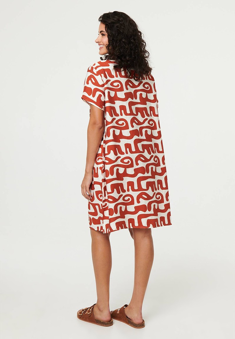 Short Sleeve Printed Dress with Pocket in Rust