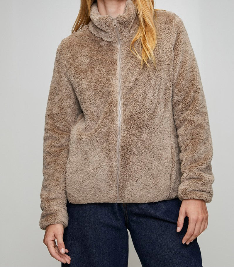 Zip Up Teddy Jacket in Mocha