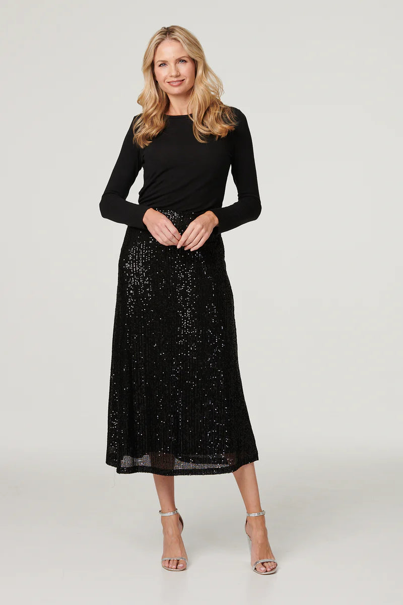 Sequin Midi Skirt in Black