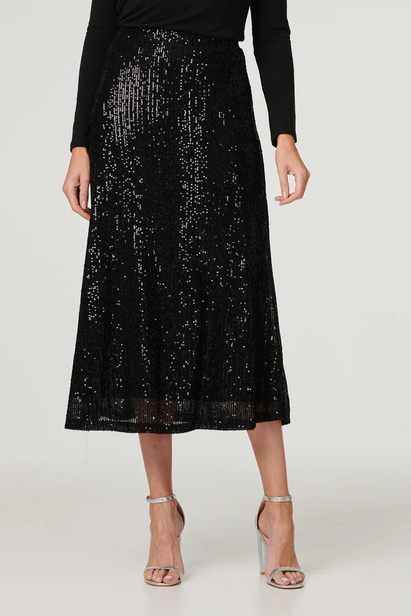 Sequin Midi Skirt in Black
