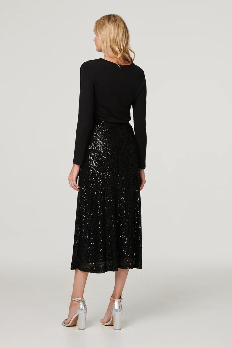 Sequin Midi Skirt in Black