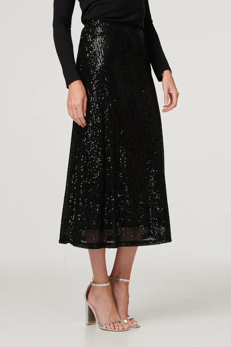 Sequin Midi Skirt in Black