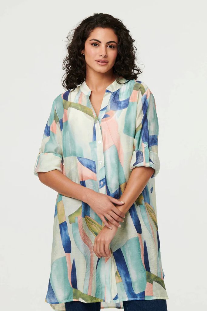 Abstract 3/4 Sleeve Short Shirt Dress in Mint