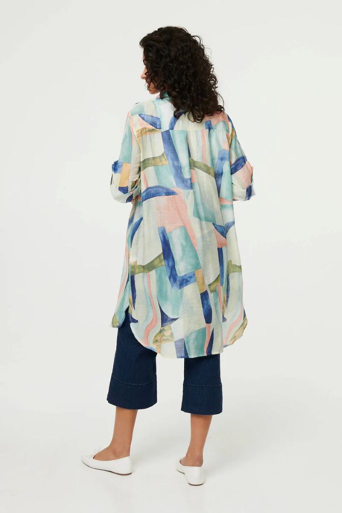 Abstract 3/4 Sleeve Short Shirt Dress in Mint