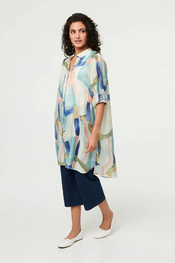 Abstract 3/4 Sleeve Short Shirt Dress in Mint