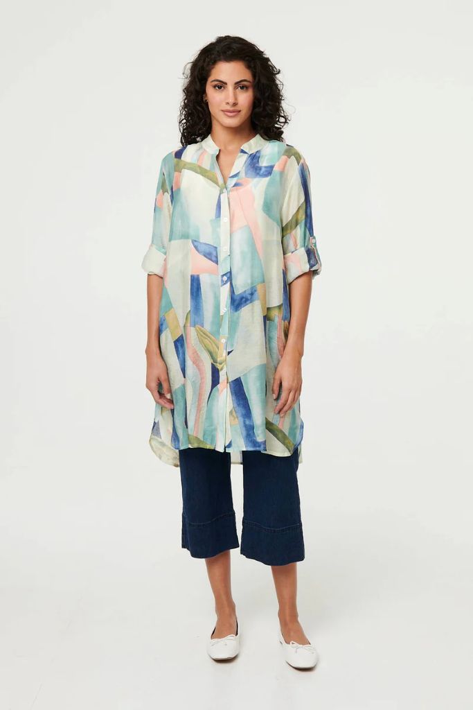 Abstract 3/4 Sleeve Short Shirt Dress in Mint