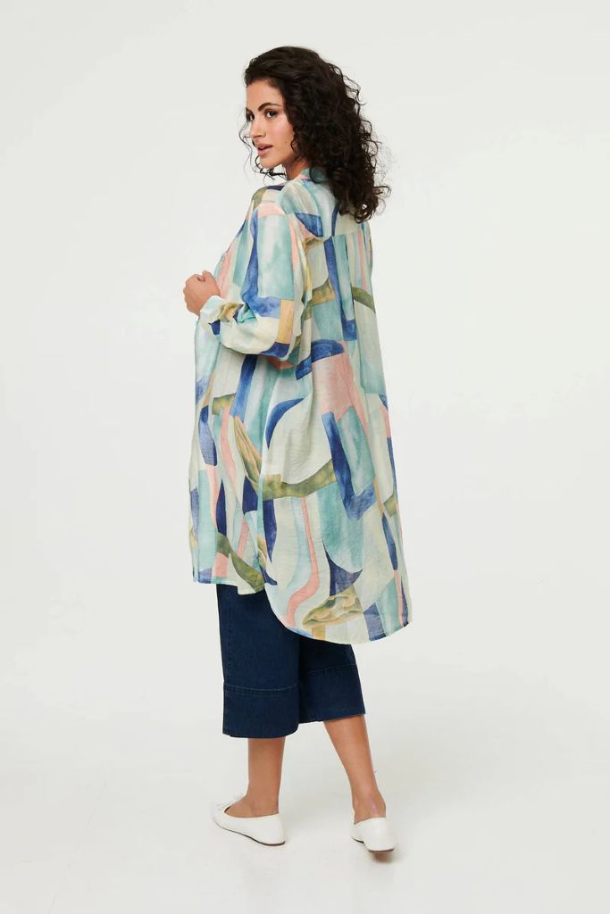 Abstract 3/4 Sleeve Short Shirt Dress in Mint