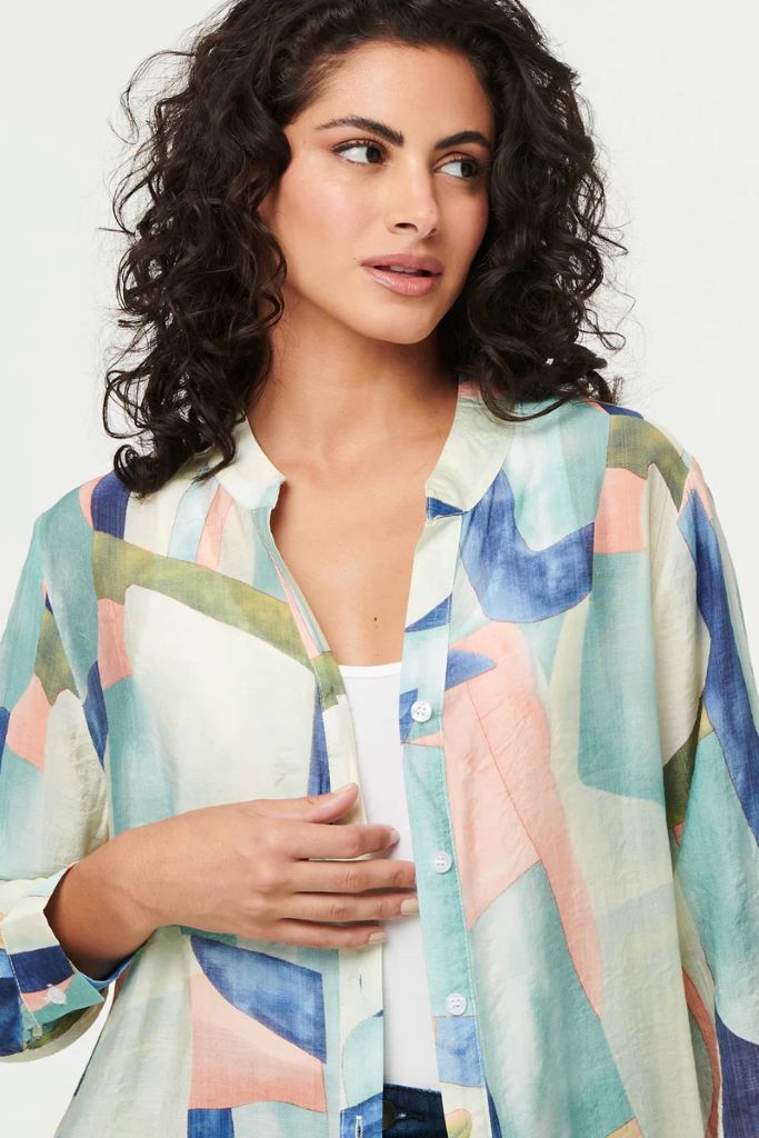 Abstract 3/4 Sleeve Short Shirt Dress in Mint