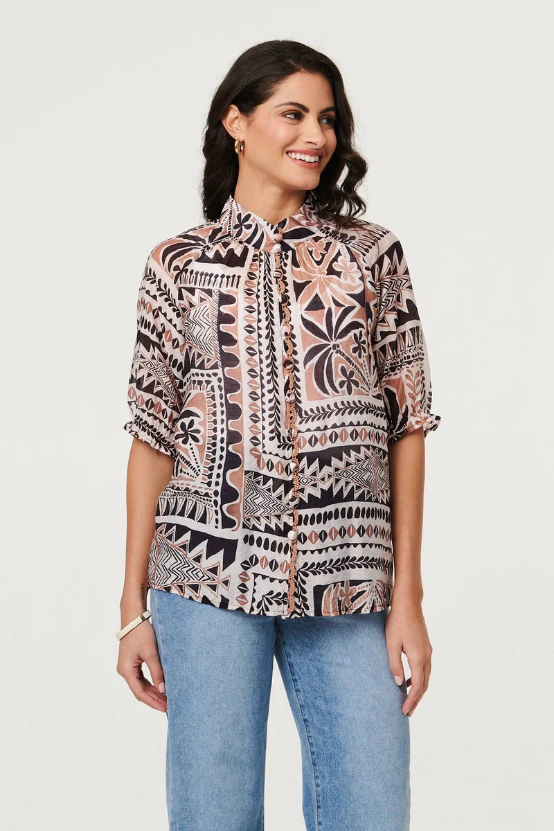 Abstract Pattern Print Top in Brown Multi