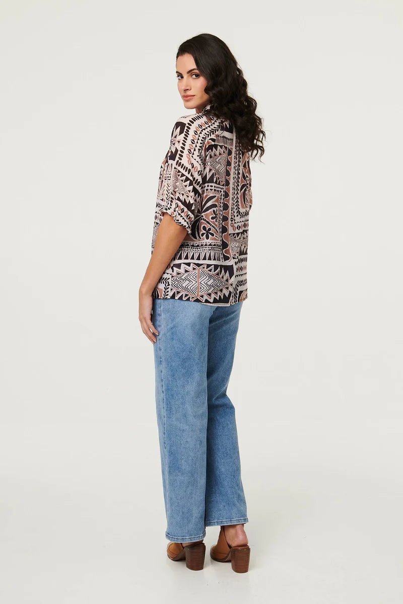Abstract Pattern Print Top in Brown Multi