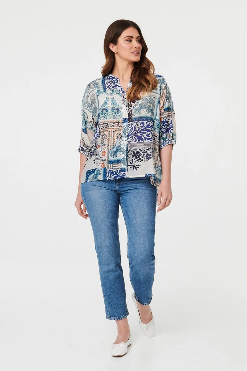 Patchwork 3/4 Sleeve Blouse in Blue Multi