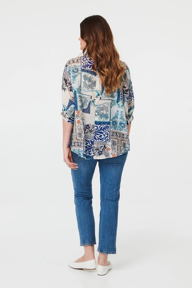 Patchwork 3/4 Sleeve Blouse in Blue Multi
