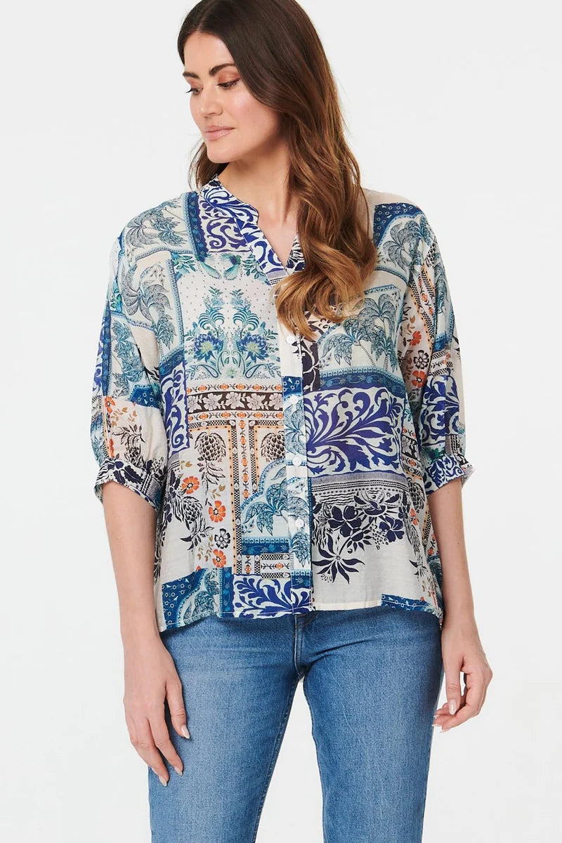Patchwork 3/4 Sleeve Blouse in Blue Multi