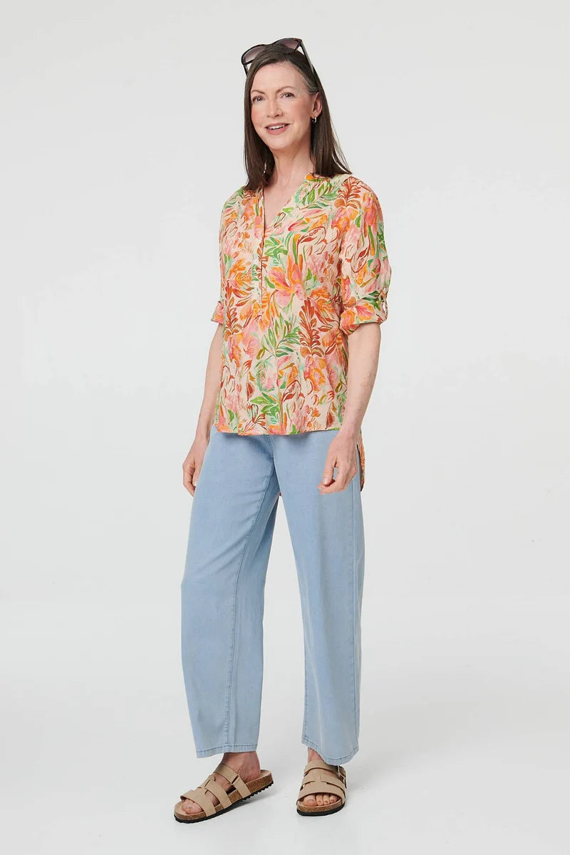 Cotton Blend Blouse in Orange Leaves