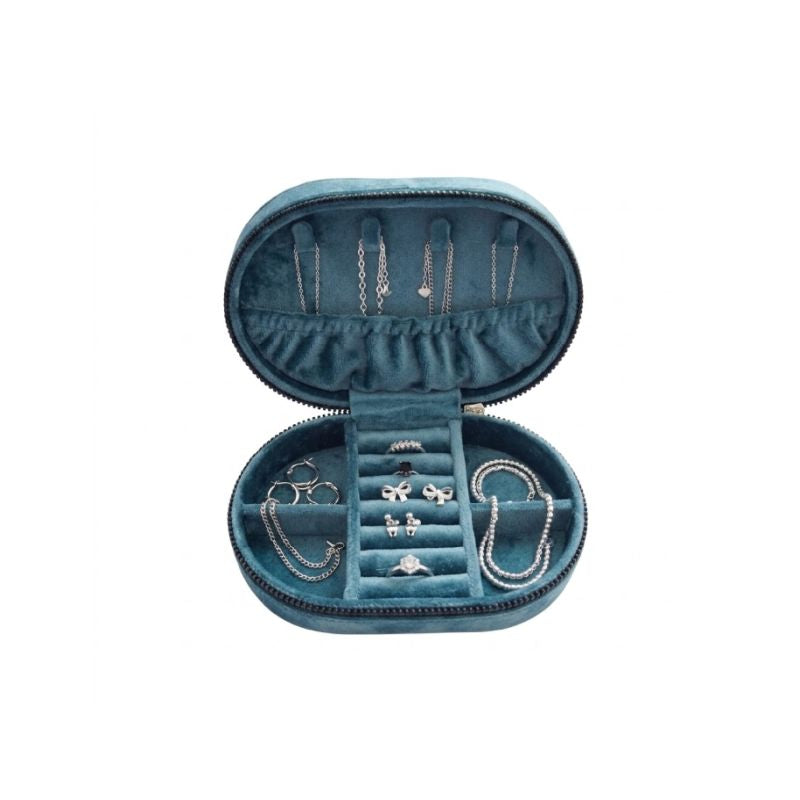 Medium Oval Quilted Jewellery Travel Case in Peacock Blue