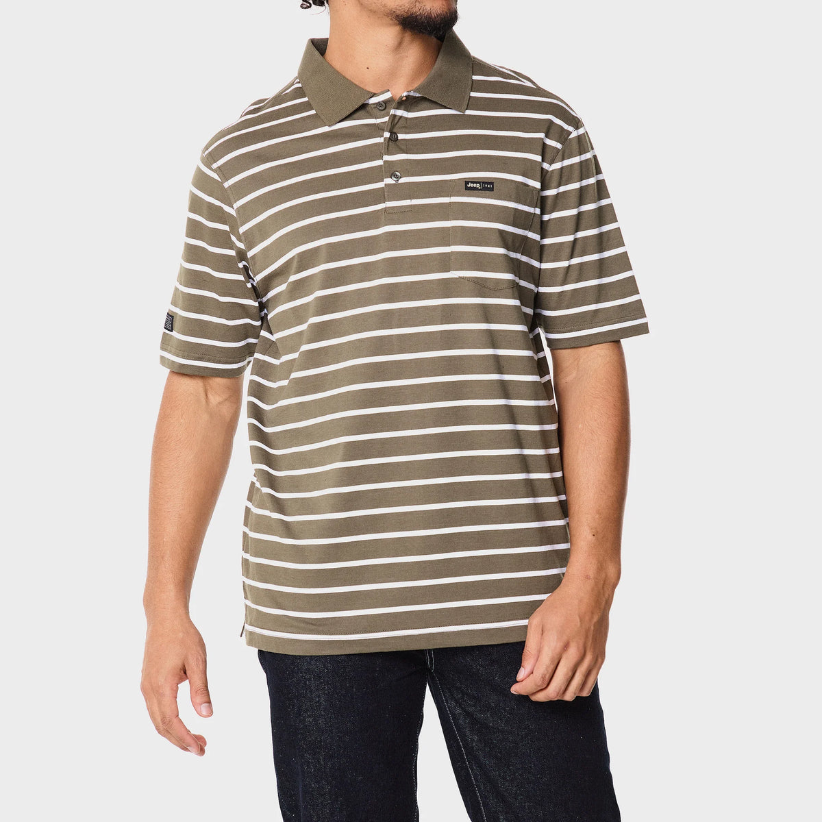 Yarndye Stripe Golfer in Olive / White