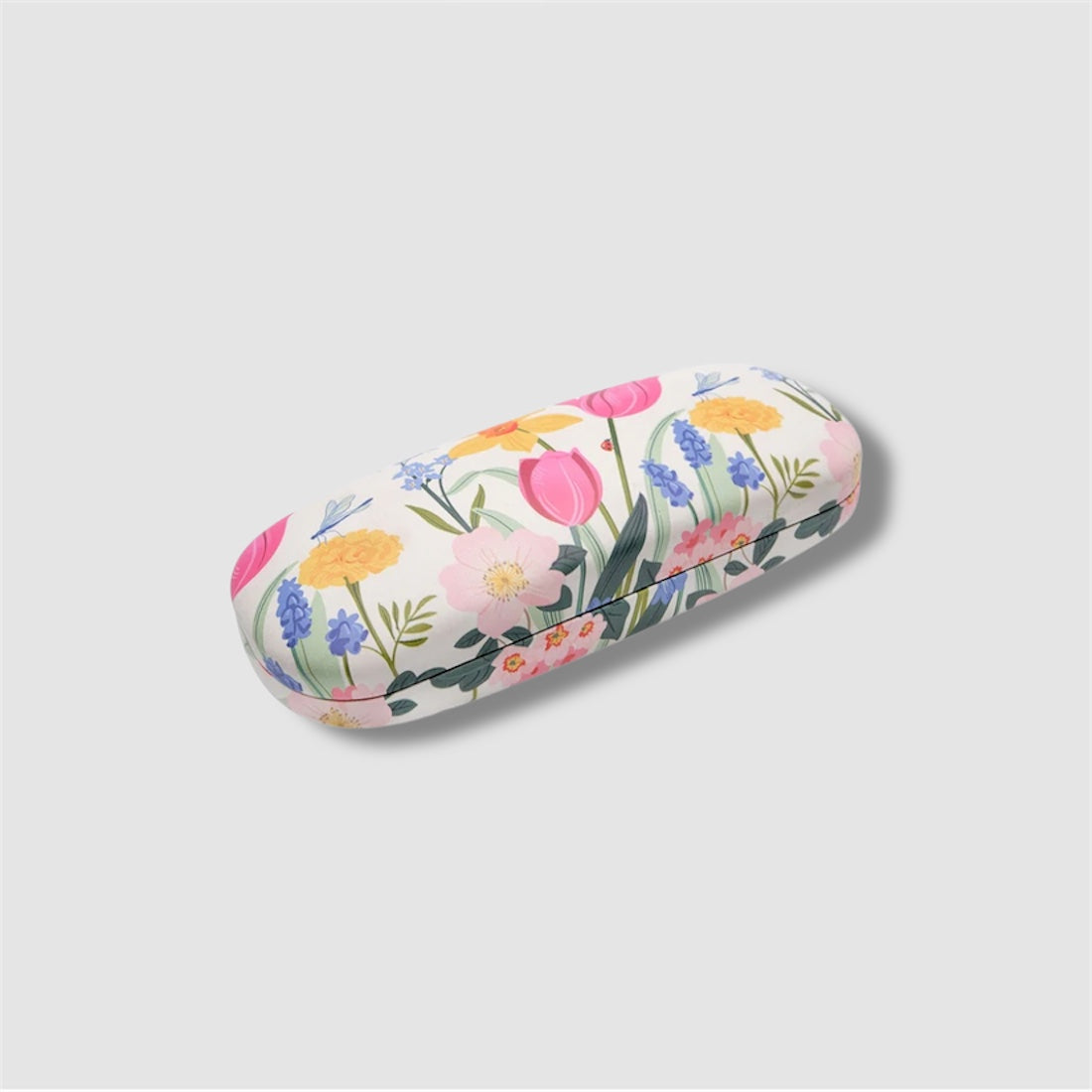 Floral-patterned glasses case on a light gray background