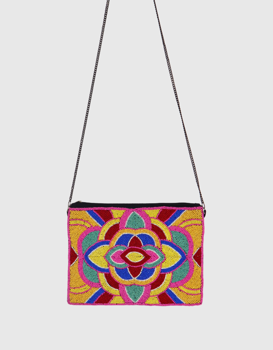 Beaded Zip Clutch Bag in Multi / Yellow