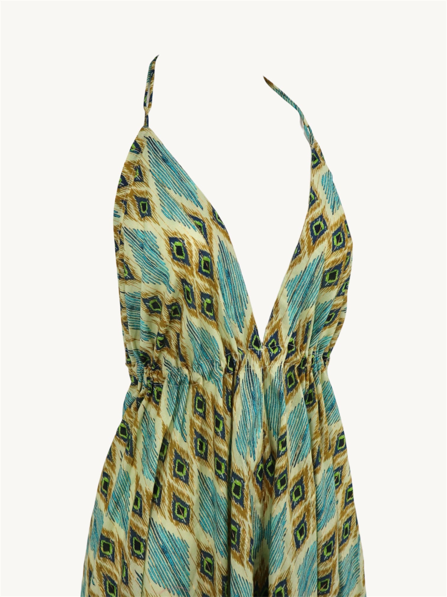 Cotton Open Back Dress in Green Diamonds