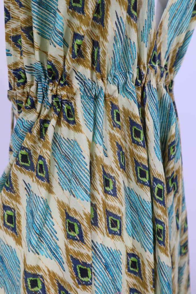 Cotton Open Back Dress in Green Diamonds