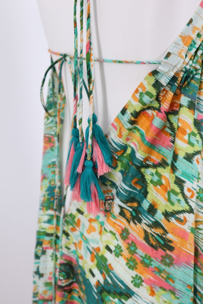 Cotton Open Back Dress in Multi-Green Flower