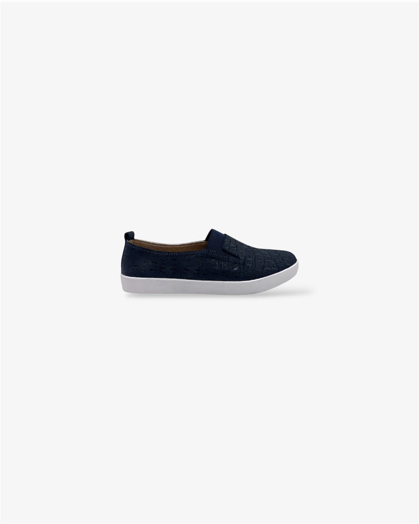 side view low slip on navy shoe with snakeskin print