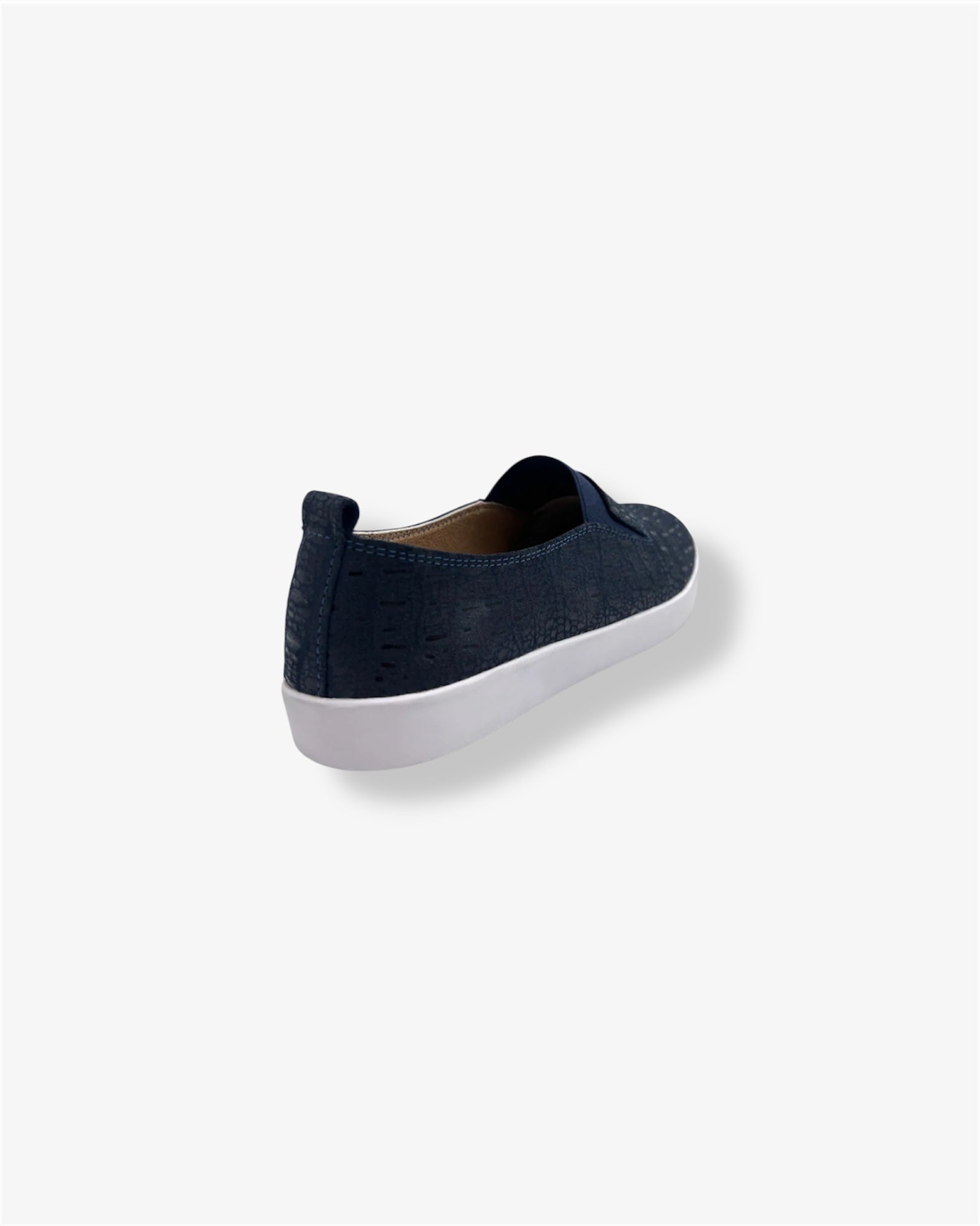 back view low slip on navy shoe with snakeskin print