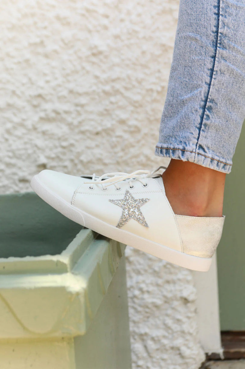 Vicki Leather Sneaker in White/Glitter
