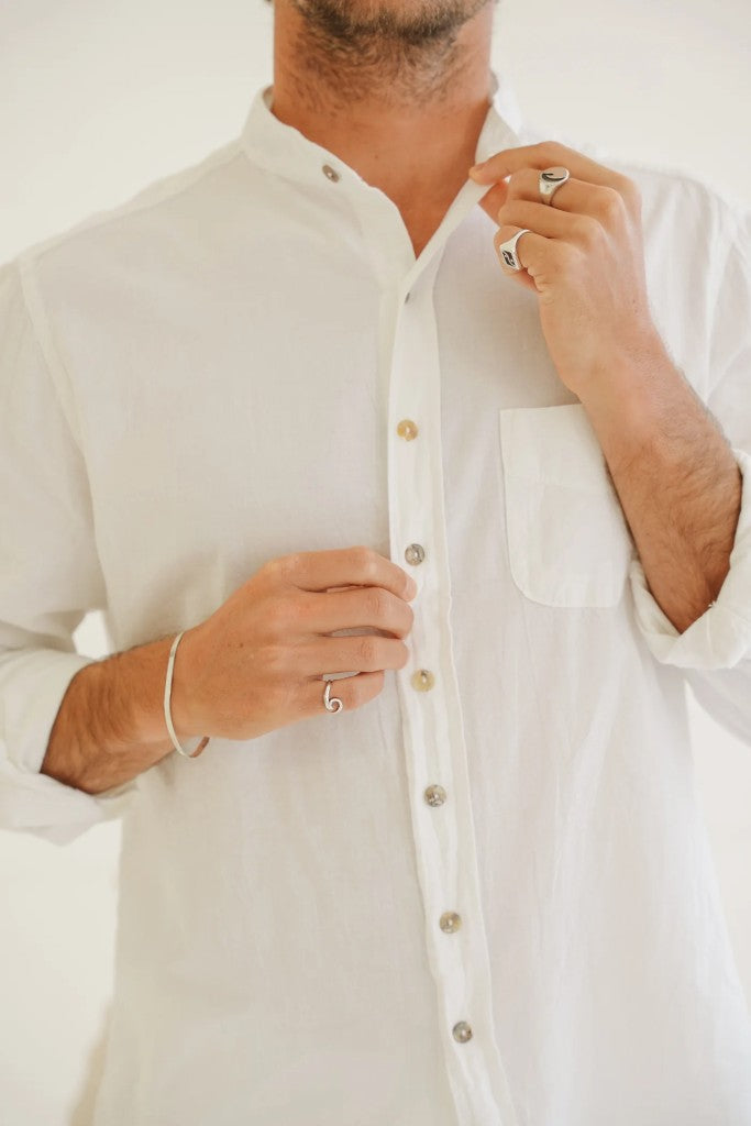 Adam Cotton Mandarin Collar Shirt in White