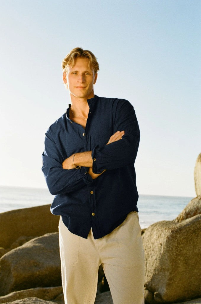 Adam Cotton Mandarin Collar Shirt in Indigo