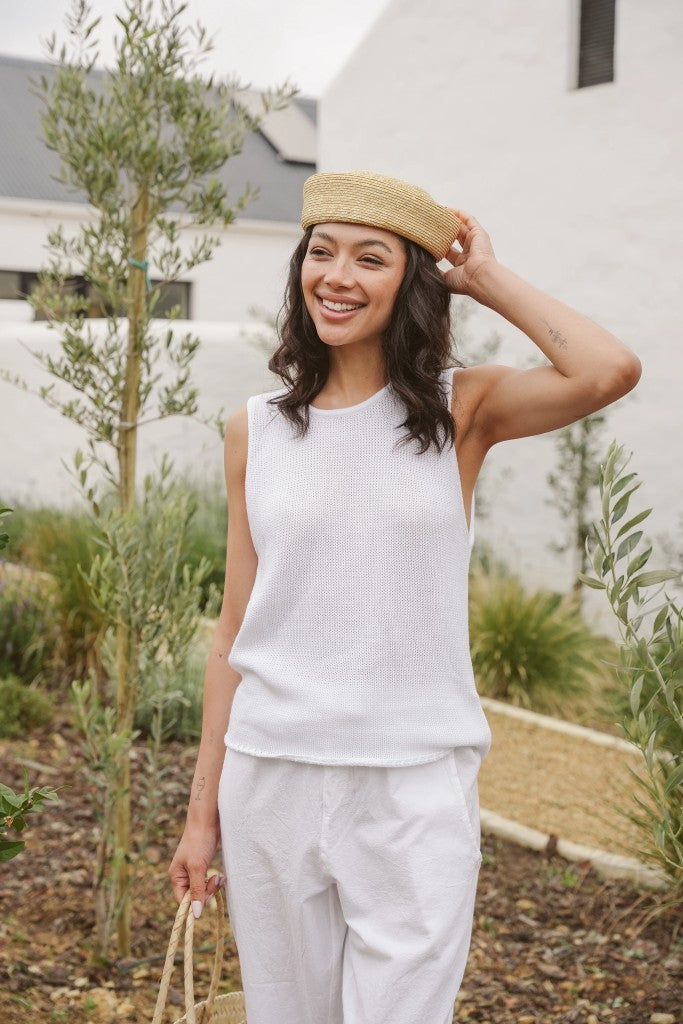 Allison Cotton Round Neck Vest in White