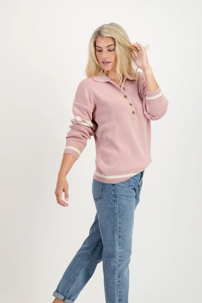 Frankie Cotton Placket Knit in Quart / Ecru Stripe