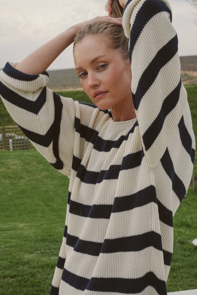 Isla Ribbed Knit in Ecru / Midnight Stripe