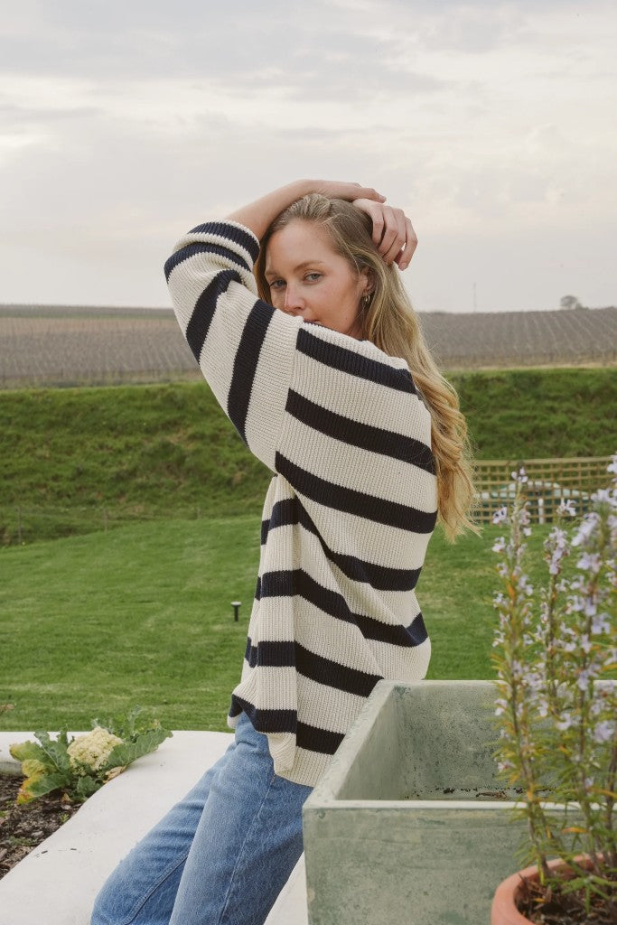 Isla Ribbed Knit in Ecru / Midnight Stripe