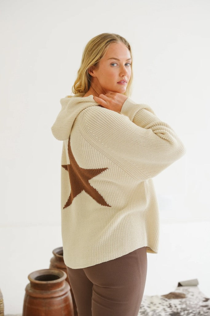 Josie Cotton Knit Hoodie in Karoo / Ecru