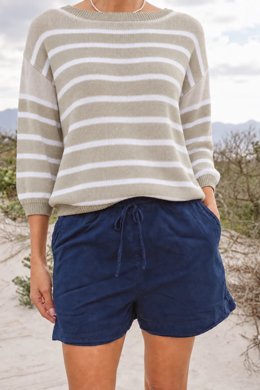 Tessa Cotton Round Neck Knit in Stone / White Stripe