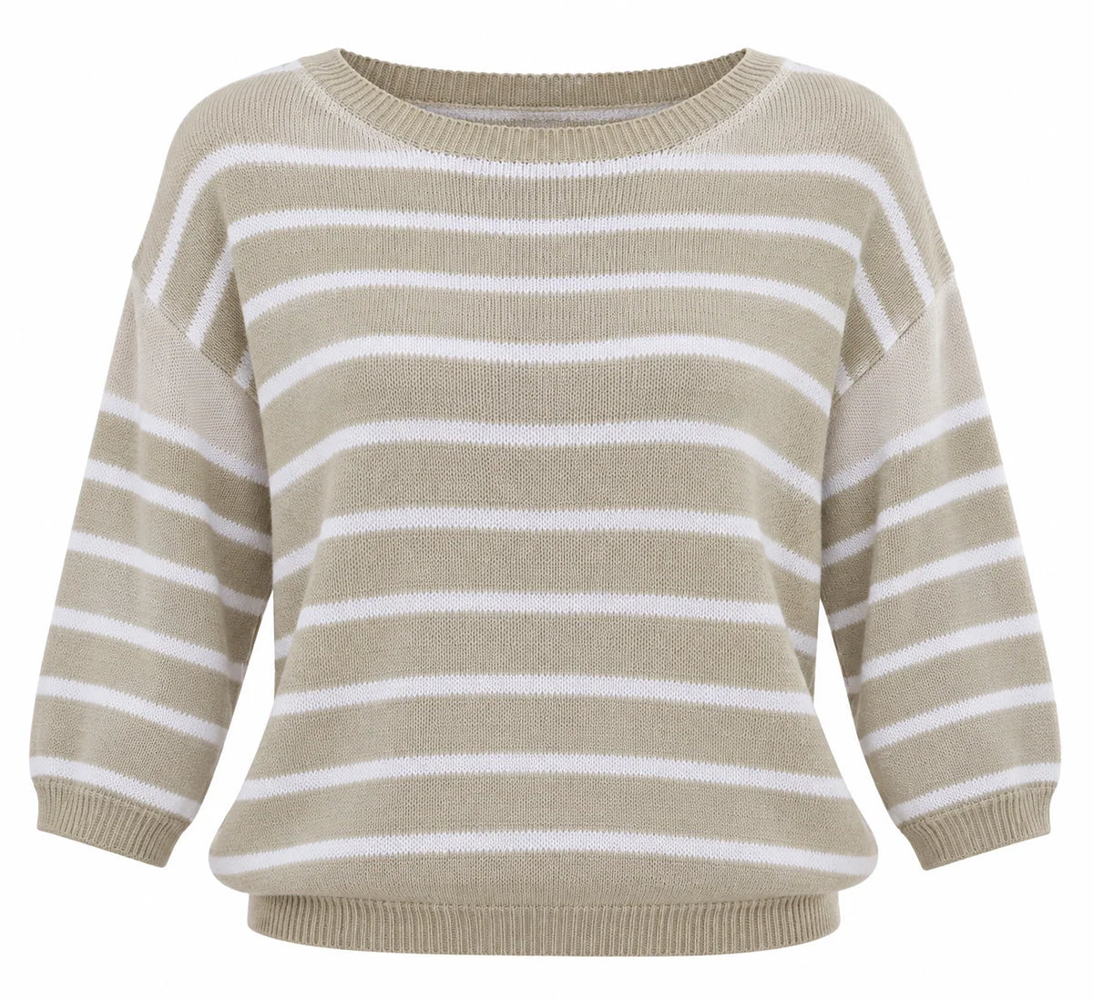 Tessa Cotton Round Neck Knit in Stone / White Stripe